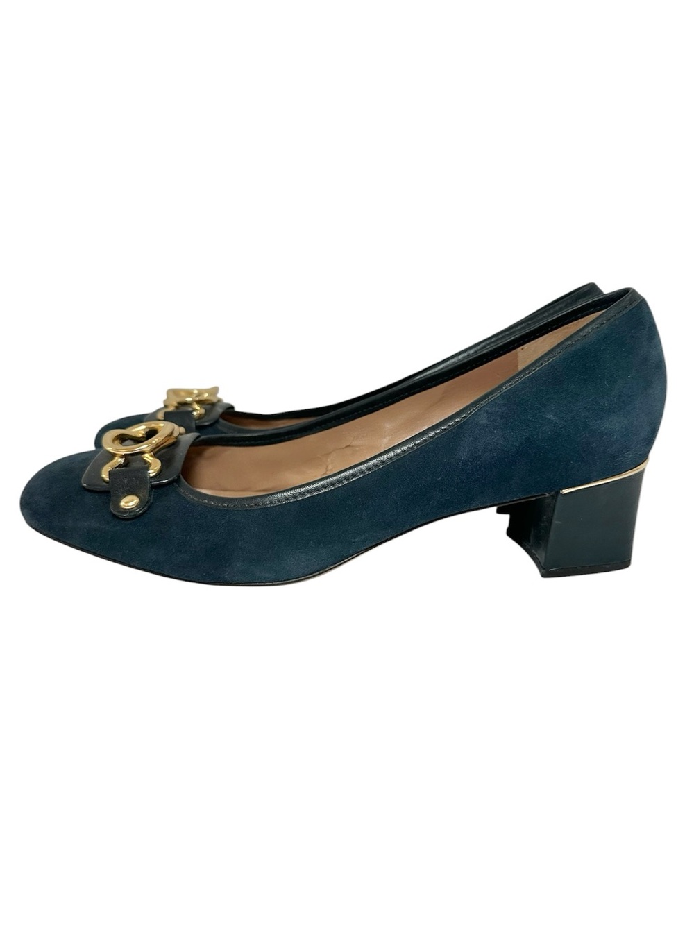 TALBOTS Women’s Teal Blue Suede Gold Buckle Trim Classic Low Block Heels- Size 8